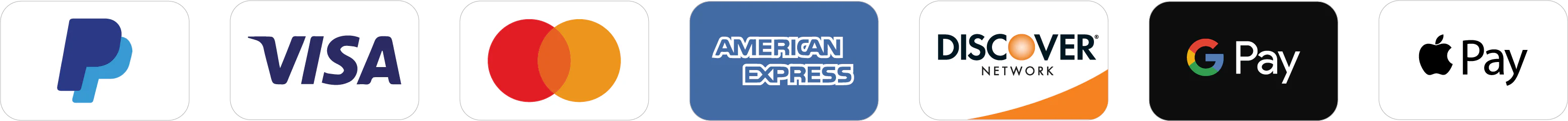 Secure payment methods: PayPal, Visa, Mastercard, American Express, Discover, Google Pay, Apple Pay